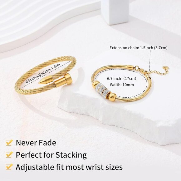 18K Gold Nail Bracelet Set, Adjustable Stackable Bangles for Women, Trendy Jewel - Picture 5 of 6